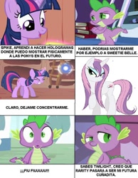 Size: 732x942 | Tagged: safe, derpibooru import, spike, sweetie belle, twilight sparkle, dragon, comic strip, needs more jpeg, spanish, translated in the comments