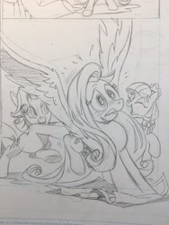 Size: 1536x2048 | Tagged: safe, artist:andypriceart, idw, coco pommel, fluttershy, rarity, pegasus, pony, unicorn, spoiler:comic, spoiler:comic64, 2018, butt touch, comic, hoof on butt, monochrome, pushing, rump push, sketch, traditional art, trio, wip