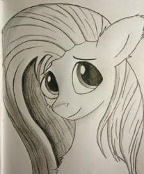 Size: 1824x2199 | Tagged: safe, artist:emeraldshield, fluttershy, pegasus, pony, bust, looking at you, looking sideways, monochrome, portrait, smiling, solo, traditional art