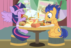 Size: 940x640 | Tagged: safe, artist:dm29, derpibooru import, flash sentry, twilight sparkle, twilight sparkle (alicorn), alicorn, pony, burger, cute, date, eating, eyes closed, fast food, female, flashlight, food, golden oaks library, happy, hay burger, male, mare, puffy cheeks, shipping, smiling, spread wings, straight, that pony sure does love burgers, this will end in weight gain, twilight burgkle