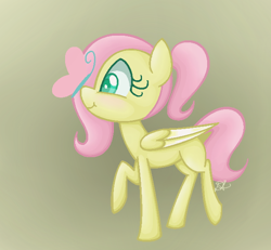 Size: 624x576 | Tagged: safe, artist:awesomeguywhoop, fluttershy, butterfly, pegasus, pony, blank flank, female, filly, folded wings, gradient background, insect on nose, looking at something, profile, raised hoof, smiling, solo, younger