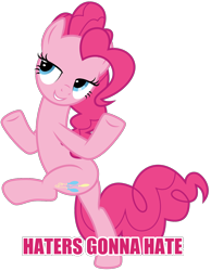 Size: 1054x1359 | Tagged: safe, artist:amarthgul, edit, pinkie pie, pony, bipedal, haters gonna hate, image macro, meme, simple background, solo, transparent background