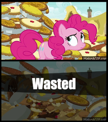 Size: 316x356 | Tagged: safe, edit, screencap, pinkie pie, earth pony, pony, season 7, secrets and pies, food, grand theft auto, meme, pie, wasted