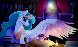 Size: 5300x3200 | Tagged: safe, artist:isorrayi, princess celestia, twilight sparkle, alicorn, pony, unicorn, book, bookshelf, candle, colored wings, curved horn, cute, cutelestia, female, filly, filly twilight sparkle, horn, inkwell, momlestia, multicolored wings, quill, sleeping, spread wings, wings, younger