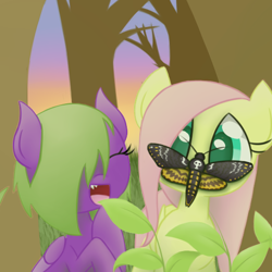 Size: 512x512 | Tagged: safe, artist:awesomeguywhoop, fluttershy, oc, moth, pegasus, pony, death's-head hawkmoth, duo, female, filly, forest, insect on nose, looking at something, smiling, wide eyes, younger