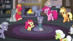 Size: 480x270 | Tagged: safe, artist:wissle, edit, edited screencap, screencap, apple bloom, applejack, big macintosh, cloudy quartz, granny smith, igneous rock pie, limestone pie, marble pie, maud pie, pinkie pie, earth pony, pony, hearthbreakers, animated, carpet, cutie mark, doll, female, filly, fire, fireplace, gif, hat, implied marblemac, male, mare, parody, pie family, pie sisters, plate, quartzrock, ribbon, rock, rock doll, scene parody, shipping fuel, siblings, sisters, sitting, sound at source, stallion, statue, the cmc's cutie marks, toy, youtube link