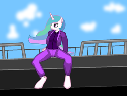 Size: 800x600 | Tagged: artist needed, safe, princess celestia, anthro, clothes, day, female, ship, sitting, sky, solo