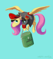 Size: 900x990 | Tagged: safe, artist:adeptus-monitus, fluttershy, pegasus, pony, >:3, blue background, carrying, clothes, commissar, container, crossover, cyrillic, floppy ears, flying, food, food container, hat, hoof hold, looking at you, looking sideways, military uniform, peaked cap, ration, russian, simple background, solo, spread wings, tea, translated in the description, uniform, warhammer (game), warhammer 40k, wings