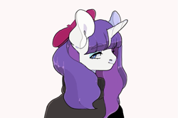 Size: 741x493 | Tagged: safe, artist:xeiphi, rarity, pony, unicorn, alternate hairstyle, beatnik rarity, beret, bust, clothes, hat, simple background, solo, sweater, white background