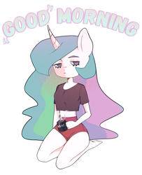 Size: 1844x2270 | Tagged: safe, artist:milk-porridge, princess celestia, anthro, plantigrade anthro, barefoot, belly button, clothes, coffee, coffee mug, feet, female, good morning, kneeling, lidded eyes, midriff, mug, short shirt, shorts, simple background, solo, white background