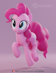 Size: 1688x2160 | Tagged: safe, artist:therealdjthed, pinkie pie, earth pony, pony, 3d, 3d model, blender, cycles, cycles render, egghead, female, jumping, mare, model:djthed, patreon, patreon logo, simple background, smiling, solo