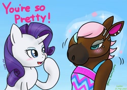 Size: 1340x953 | Tagged: safe, artist:wakyaot34, rarity, anthro, horse, pony, unicorn, animal crossing, animal crossing: new horizons, blushing, clothes, crossover, crossover shipping, dialogue, dress, ear piercing, earring, english, jewelry, piercing, reneigh, shipping, sparkles