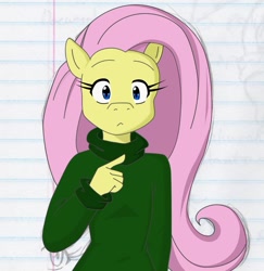 Size: 880x907 | Tagged: safe, artist:navysheyma, fluttershy, anthro, clothes, eyelashes, lined paper, looking at you, pointing, solo, surprised, sweater, sweatershy, wrong eye color