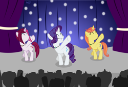 Size: 4639x3166 | Tagged: safe, artist:ironm17, cayenne, citrus blush, rarity, pony, unicorn, curtains, dancing, eyes closed, female, grin, jewelry, mare, necklace, raised hoof, singing, smiling, trio