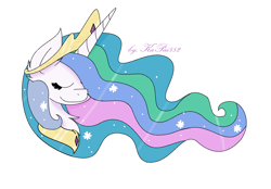 Size: 1410x982 | Tagged: safe, artist:kapai882, princess celestia, alicorn, pony, bust, chest fluff, ear fluff, ethereal mane, eyes closed, female, jewelry, mare, regalia, simple background, smiling, solo, starry mane, white background