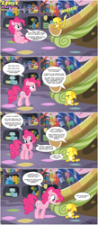 Size: 1720x3957 | Tagged: safe, derpibooru exclusive, pinkie pie, oc, oc:zynyz, pony, comic, crossover, kacheek, neopets, non-pony oc, party cave, slide, squee