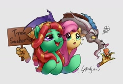 Size: 1280x876 | Tagged: safe, artist:luciferamon, discord, fluttershy, tree hugger, draconequus, earth pony, pegasus, pony, female, male, mare, sign, unamused