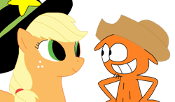 Size: 1023x597 | Tagged: artist needed, source needed, safe, applejack, earth pony, pony, accessory swap, crossover, eye contact, hat, looking at each other, wander (wander over yonder), wander over yonder