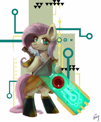 Size: 2500x3000 | Tagged: safe, artist:amy-gamy, fluttershy, pegasus, pony, abstract background, bipedal, clothes, cosplay, costume, crossover, head turn, hoof hold, looking at you, red (transistor), solo, sword, transistor, weapon