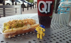 Size: 1024x614 | Tagged: safe, artist:drpain, flash sentry, flash sentry adventures, food, gas station, hot dog, irl, photo, qt, quicktrip, soda, solo, toy