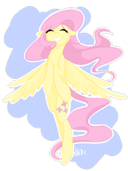 Size: 708x946 | Tagged: safe, artist:khaon, fluttershy, pegasus, pony, eyes closed, female, floppy ears, flying, happy, mare, smiling, solo, spread wings, wings