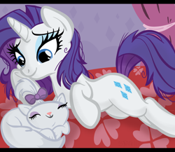 Size: 1536x1336 | Tagged: safe, artist:sjart117, opalescence, rarity, cat, pony, unicorn, bed, bedroom, chillaxing, curtain, female, mare, messy mane, pet, prone, smiling, underhoof