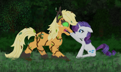 Size: 1500x900 | Tagged: safe, artist:eulicious, applejack, rarity, original species, timber pony, timber wolf, crying, female, floppy ears, forest, lesbian, looking at each other, messy mane, rarijack, shipping, species swap, timber wolfified, timberjack