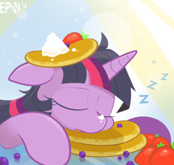 Size: 2000x1897 | Tagged: safe, artist:b-epon, derpibooru import, twilight sparkle, pony, castle sweet castle, blueberry, cute, eyes closed, female, food, i'm pancake, mare, pancakes, sleeping, solo, strawberry, twiabetes, whipped cream, zzz