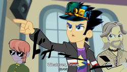 Size: 1920x1080 | Tagged: safe, edit, edited screencap, screencap, flash sentry, equestria girls, rainbow rocks, background human, battle of the stands, jojo's bizarre adventure, joseph joestar, jotaro kujo, noriaki kakyoin, recolor, subtitles