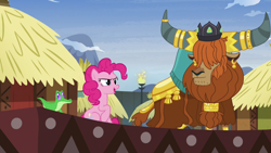 Size: 1280x720 | Tagged: safe, screencap, gummy, pinkie pie, prince rutherford, alligator, earth pony, pony, yak, not asking for trouble, crown, ear piercing, earring, female, horn ring, jewelry, male, mare, piercing, regalia, sitting