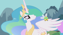 Size: 1280x720 | Tagged: safe, screencap, princess celestia, alicorn, parasprite, pony, swarm of the century, crown, female, jewelry, regalia