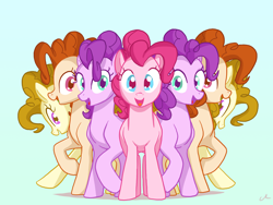 Size: 3200x2400 | Tagged: safe, artist:docwario, pinkie pie, pony, female, looking at you, mare, multeity, open mouth, palette swap, raised hoof, recolor, self ponidox, simple background, smiling, too much pink energy is dangerous