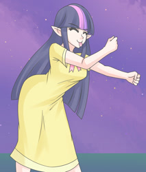 Size: 1280x1504 | Tagged: safe, artist:jonfawkes, derpibooru import, twilight sparkle, human, :p, clothes, dancing, do the sparkle, dress, elf ears, humanized, solo