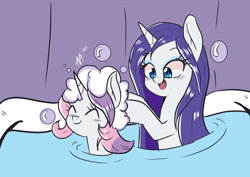 Size: 842x595 | Tagged: safe, artist:shelltoon, rarity, sweetie belle, pony, unicorn, bath, bathing, bubble, cute, diasweetes, duo, eyes closed, female, filly, mare, open mouth, shampoo, siblings, sisterly love, sisters, suds, washing, washing hair, water, wet, wet mane, wet mane rarity