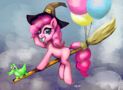 Size: 2200x1600 | Tagged: safe, artist:hardbrony, gummy, pinkie pie, pony, balloon, broom, female, flying, flying broomstick, halloween, hat, holiday, mare, missing cutie mark, smiling, witch, witch hat