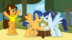 Size: 3840x2160 | Tagged: safe, artist:flashlighthouse, cheese sandwich, flash sentry, soarin', arm wrestling, hoofwrestle