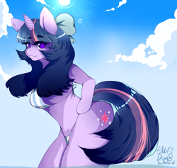 Size: 3609x3423 | Tagged: safe, artist:stardrug, artist:stardrugg, derpibooru import, twilight sparkle, unicorn twilight, anthro, unicorn, arm hooves, beach, bedroom eyes, bicolor swimsuit, bikini, blue swimsuit, bow, clothes, cloud, cute, cutie mark, female, grin, hair bow, looking at you, pinup, pixiv, signature, sky, smiling, solo, string bikini, striped swimsuit, swimsuit, white swimsuit, wingless, wingless anthro