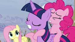 Size: 1280x720 | Tagged: safe, derpibooru import, screencap, fluttershy, pinkie pie, twilight sparkle, twilight sparkle (alicorn), alicorn, earth pony, pegasus, pony, tanks for the memories, out of context