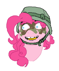 Size: 359x431 | Tagged: artist needed, safe, pinkie pie, earth pony, pony, camouflage, helmet, simple background, soldier, solo, white background, zergface