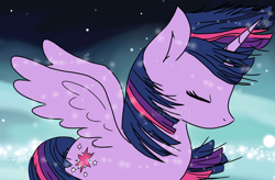 Size: 2402x1571 | Tagged: safe, artist:nyota71, derpibooru import, twilight sparkle, twilight sparkle (alicorn), alicorn, pony, eyes closed, female, mare, solo, spread wings