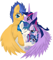 Size: 1024x1163 | Tagged: safe, artist:castaspellliana, flash sentry, twilight sparkle, twilight sparkle (alicorn), oc, oc:astraea shimmer, oc:orion spark, alicorn, pony, family, female, flashlight, kissing, male, mare, offspring, pacifier, parent:flash sentry, parent:twilight sparkle, parents:flashlight, shipping, straight