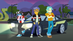 Size: 1920x1080 | Tagged: safe, brawly beats, flash sentry, ringo, equestria girls, background human, baneposting, bill wilson, car, cia (batman), flash drive (band), flash sentry's car