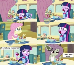 Size: 901x798 | Tagged: safe, derpibooru import, edit, fluttershy, twilight sparkle, equestria girls, background human, carla jr., comic, comic strip, engrish, flutterbat, meme, screencap comic