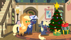 Size: 6666x3747 | Tagged: safe, artist:steampunk-brony, applejack, oc, oc:ellison, oc:silverlay, earth pony, pony, absurd resolution, bow, canon x oc, christmas tree, female, hair bow, lesbian, magical lesbian spawn, offspring, parent:applejack, parent:oc:silverlay, parents:canon x oc, parents:silverjack, pointy ponies, present, silverjack, teddy bear, tree