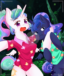 Size: 3031x3583 | Tagged: safe, alternate version, artist:bubbletea, princess celestia, princess luna, anthro, between dark and dawn, arm hooves, camera shot, cute, female, forest, phone, selfie