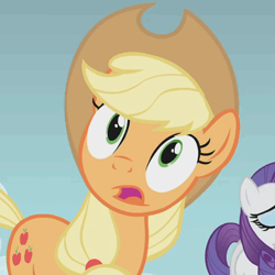 Size: 511x512 | Tagged: safe, screencap, applejack, rarity, earth pony, pony, unicorn, dragonshy, cropped, faic, solo focus