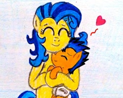 Size: 1000x798 | Tagged: safe, artist:bravokrofski, flash sentry, oc, oc:milky way, pony, cute, diaper, fanon, female, foal, heart, hug, mare, mother and child, mother and son, parent and child, traditional art