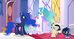 Size: 4328x2284 | Tagged: safe, artist:velveagicsentryyt, princess celestia, princess luna, oc, oc:moonlight sonata, oc:mysterilestia, alicorn, hybrid, pony, baby, baby pony, female, filly, interspecies offspring, missing accessory, offspring, parent:discord, parent:king sombra, parent:princess celestia, parent:princess luna, parents:dislestia, parents:lumbra