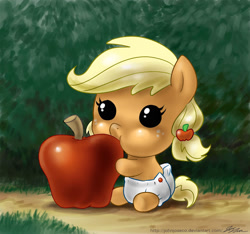 Size: 900x844 | Tagged: safe, artist:johnjoseco, applejack, earth pony, pony, apple, baby, baby pony, babyjack, cute, diaper, filly, foal, food, jackabetes, nom, solo