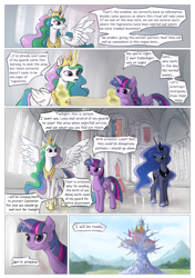 Size: 1200x1704 | Tagged: safe, artist:vyazinrei, princess celestia, princess luna, twilight sparkle, twilight sparkle (alicorn), alicorn, pony, comic:curse and madness, canterlot, cloud, comic, crown, day, jewelry, misspelling, mlpcam, regalia, sky, text, text bubbles, throne, twilight's castle, wings